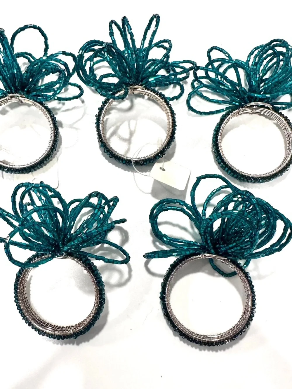 NEW Crate & Barrel Beaded Flower Napkin Ring Teal Set of 5